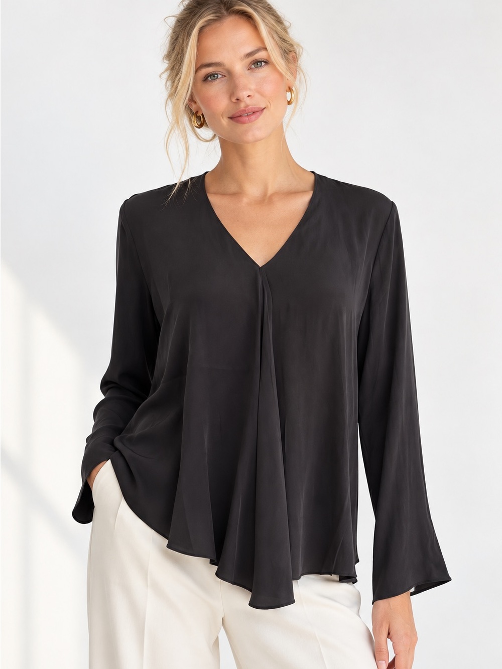 Ruti All Day Washable Silk Draped V Neck Blouse Dark Gray Size 2